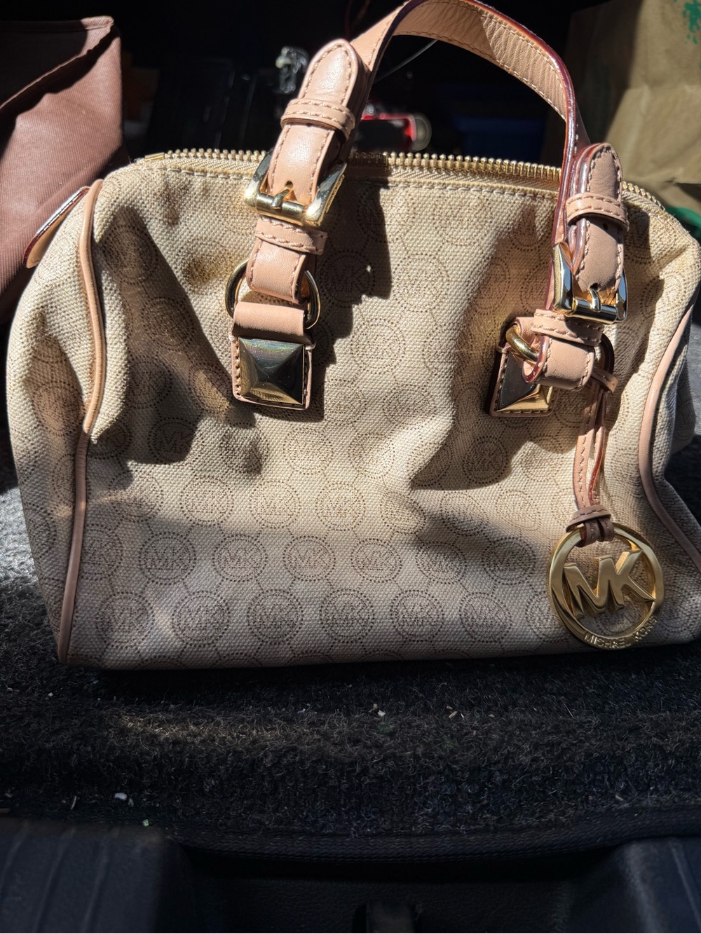 Michael Kors Beige Canvas Logo Satchel with Tan Leather Trim
